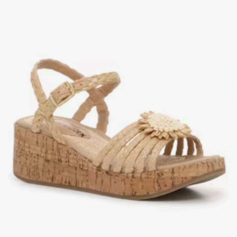STEVE MADDEN JGarner Wedge Tan Raffia Sandal Size 3 Little Girl